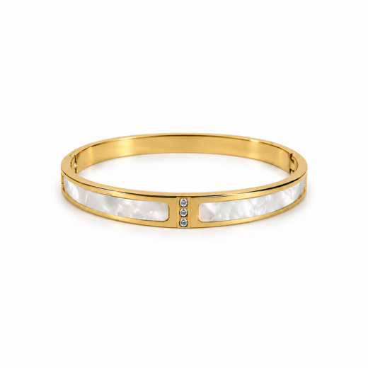 Bracelete Feminino Aço Inox Dourado 316L Madri Pérola e Cristal