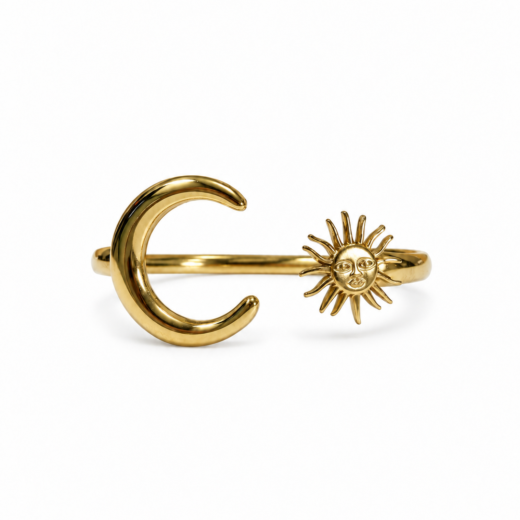 Bracelete Feminino Aço Inox 316L Dourado Lua e Sol