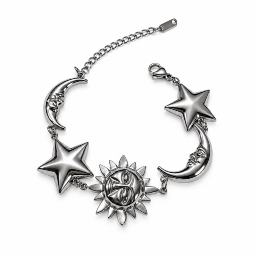 Pulseira Feminina Aço Inox 316L Sol Lua e Estrela Regulável