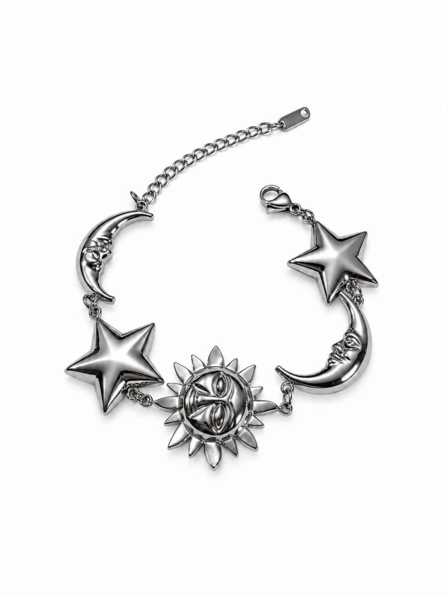 Eternos Acessórios - Pulseira Feminina Aço Inox 316L Sol Lua e Estrela Regulável