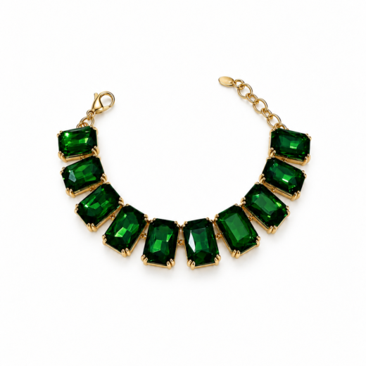 Pulseira Feminina Aço Inox 316L Dourada Luxo Zircônea Verde Esmeralda Regulável
