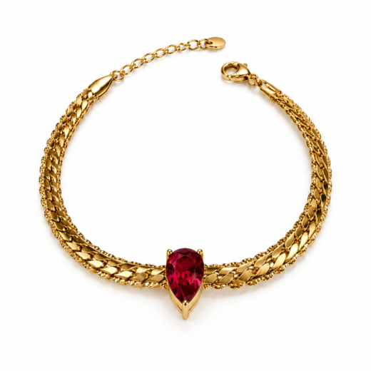 Pulseira Feminina Aço Inox 316L Dourada Luxo Corrente Corda Pedra Fusion Vermelho Esmeralda