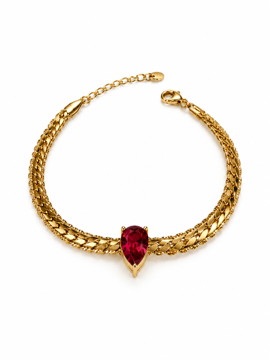 Eternos Acessórios - Pulseira Feminina Aço Inox 316L Dourada Luxo Corrente Corda Pedra Fusion Vermelho Esmeralda