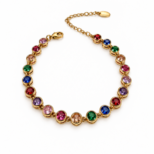 Pulseira Feminina Aço Inox 316L Dourado Zircônia Colorida Regulável