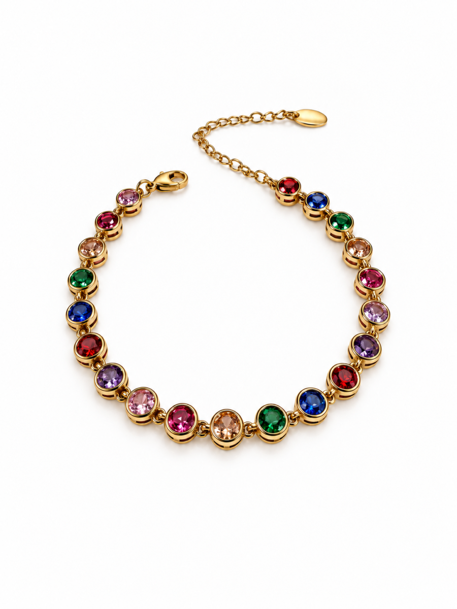 Eternos Acessórios - Pulseira Feminina Aço Inox 316L Dourado Zircônia Colorida Regulável