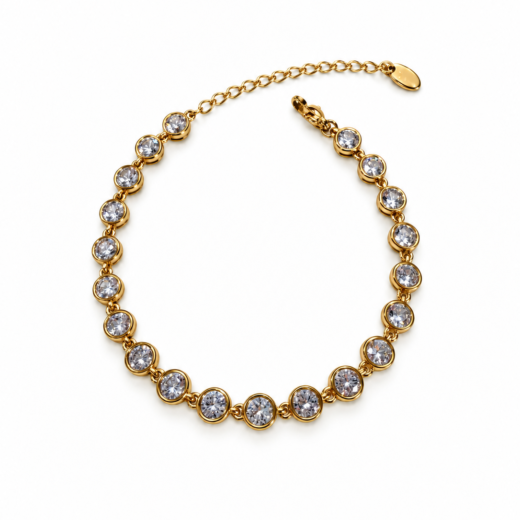 Pulseira Feminina Aço Inox 316L Dourado Zircônia Cristal Regulável