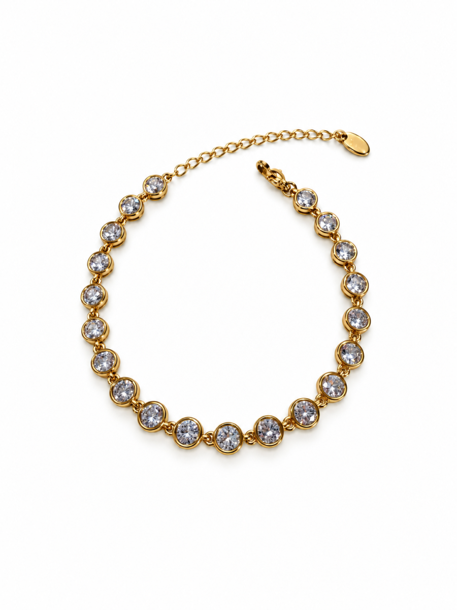 Eternos Acessórios - Pulseira Feminina Aço Inox 316L Dourado Zircônia Cristal Regulável