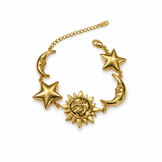 Pulseira Feminina Aço Inox 316L Dourado Sol Lua e Estrela Regulável