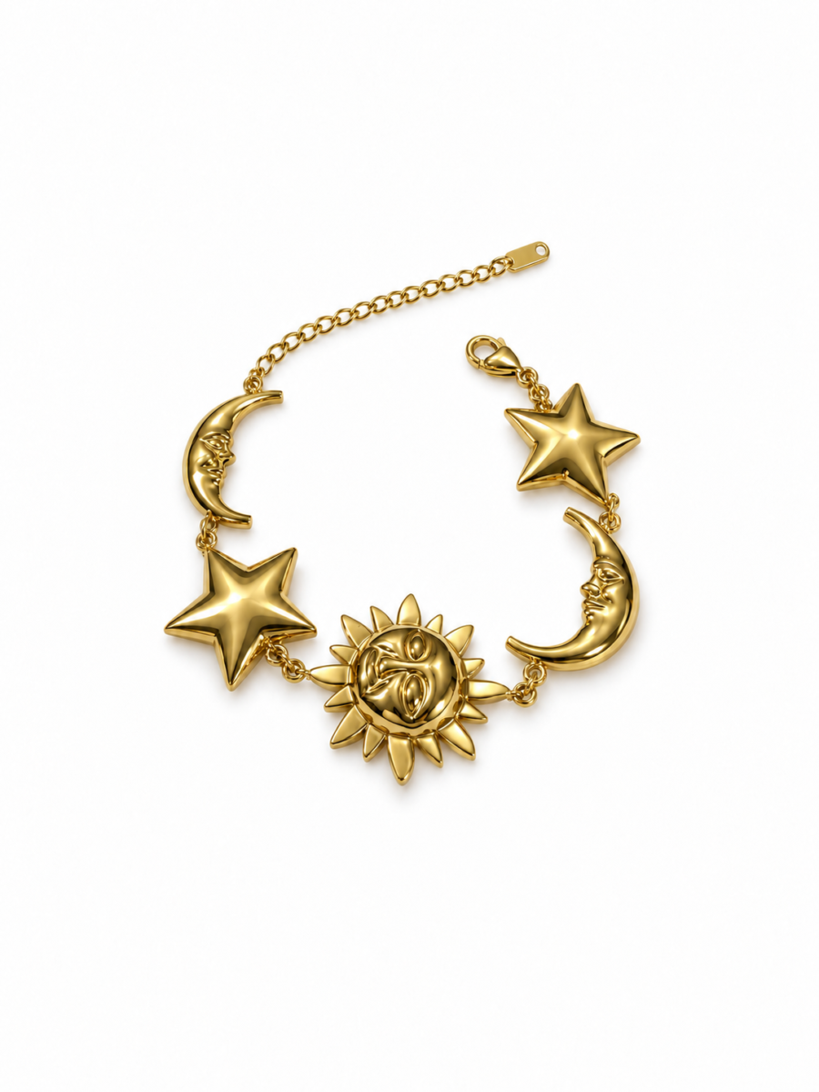 Eternos Acessórios - Pulseira Feminina Aço Inox 316L Dourado Sol Lua e Estrela Regulável