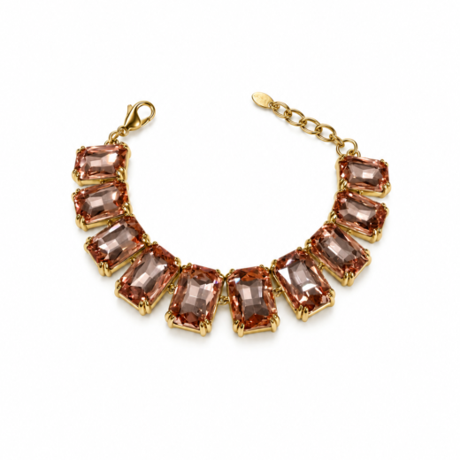 Pulseira Feminina Aço Inox 316L Dourada Luxo Zircônea Light Peach Regulável