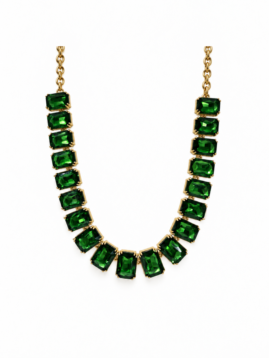Eternos Acessórios - Colar Gargantilha Feminina Aço Inox 316L Dourada Luxo Zircônea Verde Esmeralda Regulável