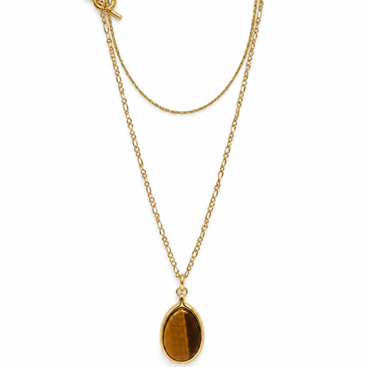 Colar Feminino Aço Inox Dourado Duas Voltas Corrente 3 Por 1 Olho de tigre