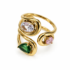Eternos Acessórios - Anel Feminino Aço Inox 316L Dourado Regulável Zircônea Verde Esmeralda Cristal Rosa