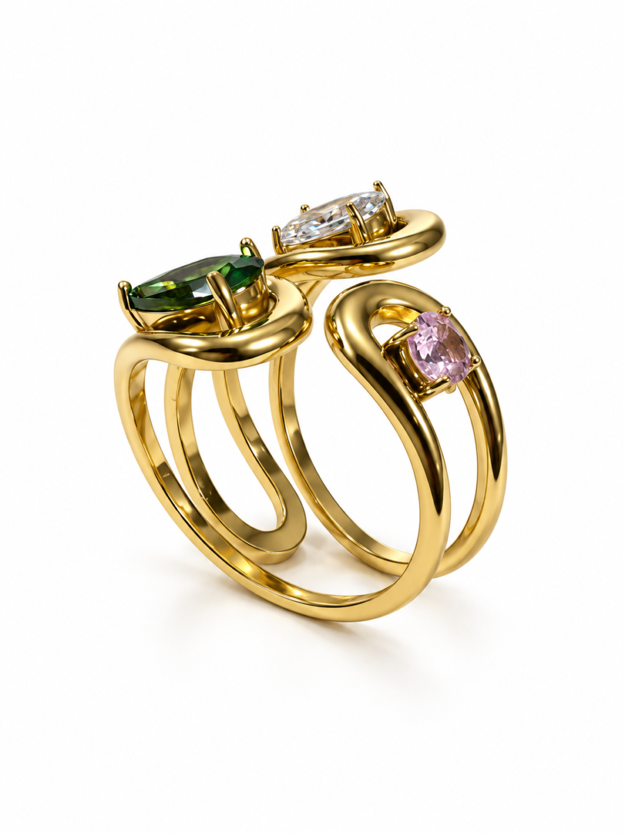 Eternos Acessórios - Anel Feminino Aço Inox 316L Dourado Regulável Zircônea Verde Esmeralda Cristal Rosa