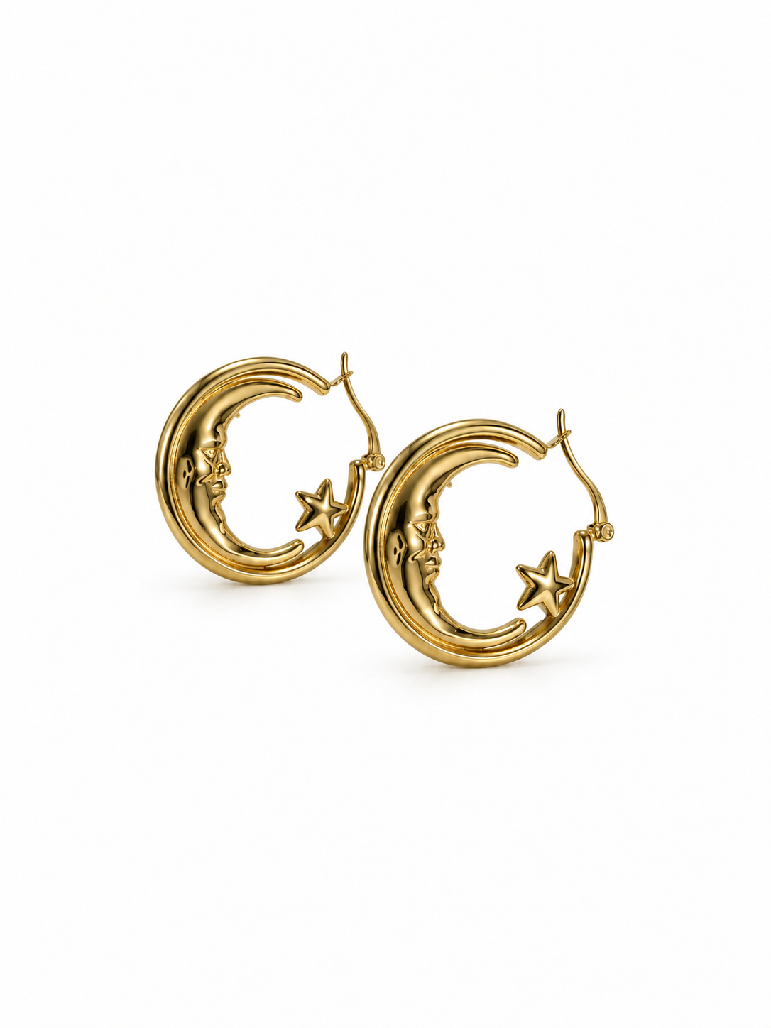 Eternos Acessórios - Brinco Feminino Aço Inox 316L Dourado Argola Lua e Estrela Eternos Acessórios - Brinco Feminino Aço Inox 316L Dourado Argola Lua e Estrela