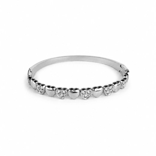 Bracelete Feminino Aço Inox 316L Corações Cristais
