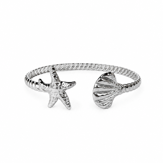 Bracelete Feminino Aço Inox 316L Estrelas Do Mar e Concha Shell Pequena Regulável