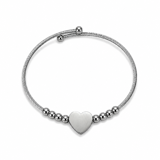 Bracelete Feminino Aço Inox 316L Cabo De Aço Esfera e Coração Liso