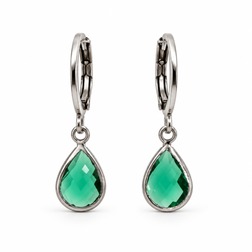 Brinco Feminino Argola Aço Inox Tranqueta Gota Verde Esmeralda