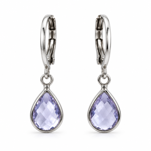 Brinco Feminino Argola Aço Inox 316L Tranqueta Gota Zircônia Lavanda NÃO ESCURECE PODE MOLHAR ANTIALÉRGICO