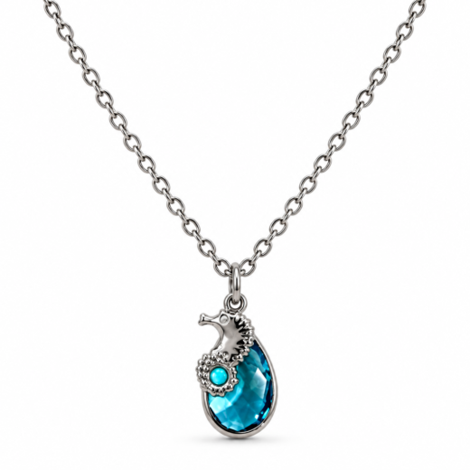 Colar Feminino Aço Inox 316L Aquamarine e Cavalo Marinho NÃO ESCURECE PODE MOLHAR ANTIALÉRGICO
