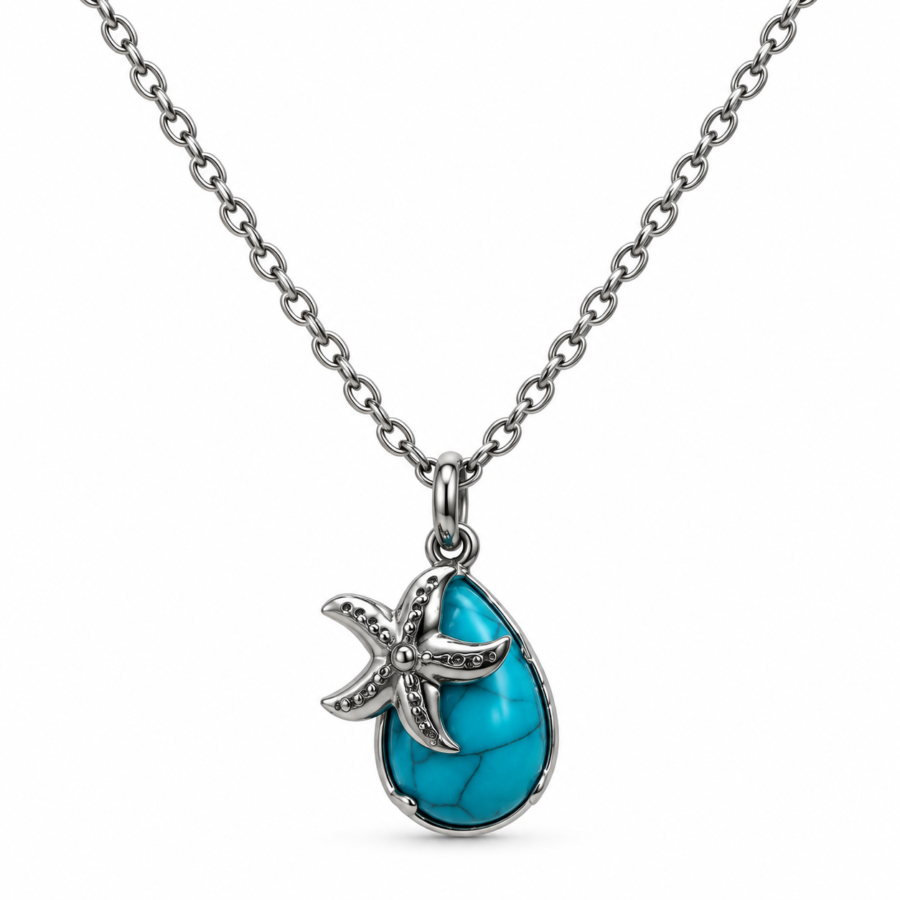 Eternos Acessórios - Colar Feminino Aço Inox 316L Gota Azul Turquesa e Estrela do Mar NÃO ESCURECE PODE MOLHAR ANTIALÉRCO