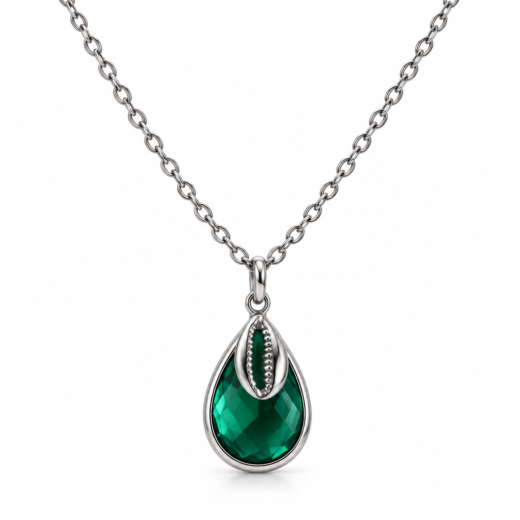 Colar Feminino Aço Inox 316L Gota Zircônia Verde Esmeralda e Búzios NÃO ESCURECE PODE MOLHAR ANTIALÉRGICO