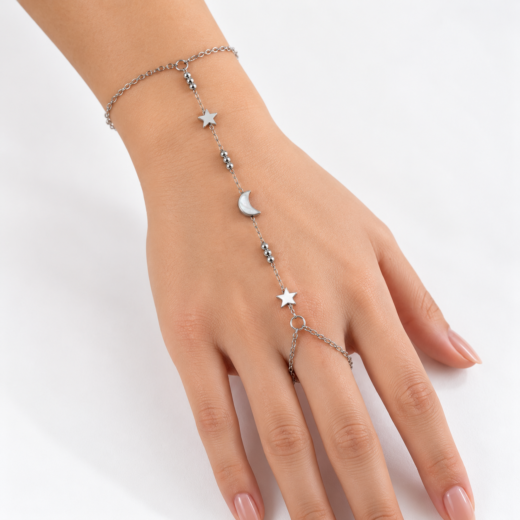Pulseira Feminina Aço Inox 316L Hand Chain Lua e Estrela NÃO ESCURECE PODE MOLHAR ANTIALÉRGICO CONSTELAÇÃO