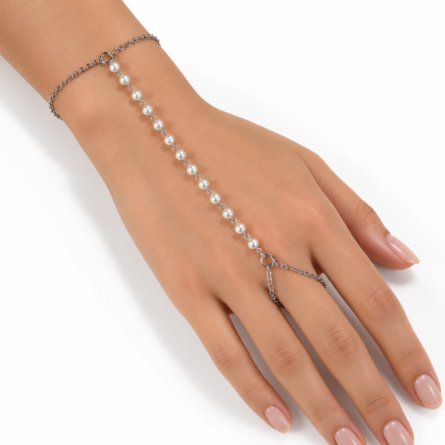 Eternos Acessórios - Pulseira Feminina Aço Inox 316L Hand Chain Pérola NÃO ESCURECE PODE MOLHAR ANTIALÉRGICO LINHA MAR