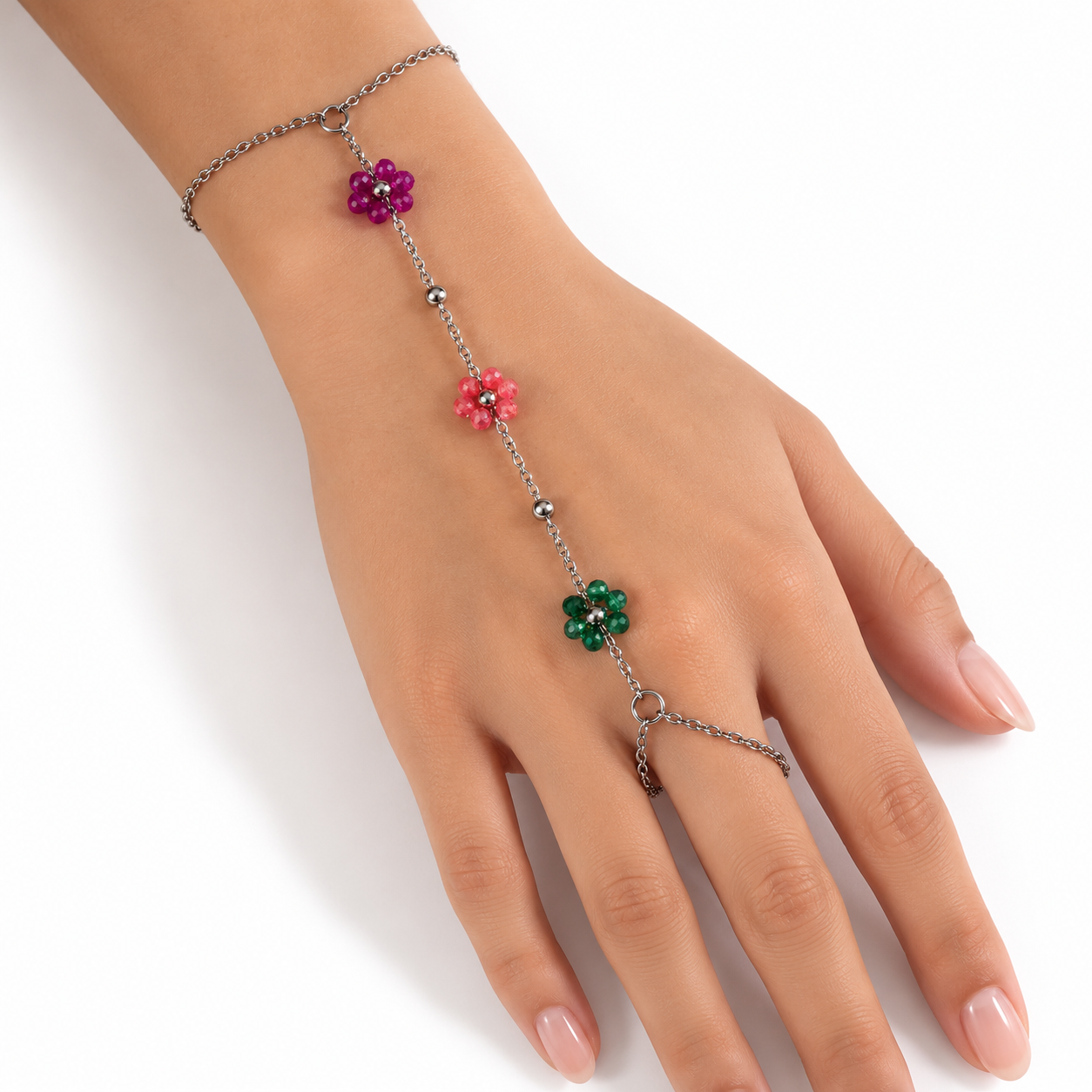 Pulseira Feminina Aço Inox 316L Hand Chain Cristais Flor Colorida NÃO ESCURECE PODE MOLHAR ANTIALÉRGICO