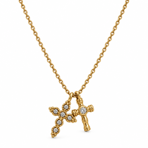Colar Feminino Aço Inox Cruz Dupla Cravejado Ponto de Luz Dourado