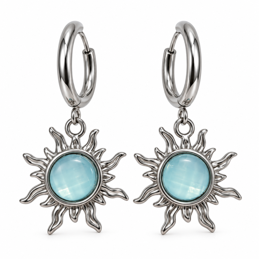 Eternos Acessórios - Brinco Feminino Aço Inox 316L Argola Sol Azul NÃO ESCURECE PODE MOLHAR ANTIALÉRGICO