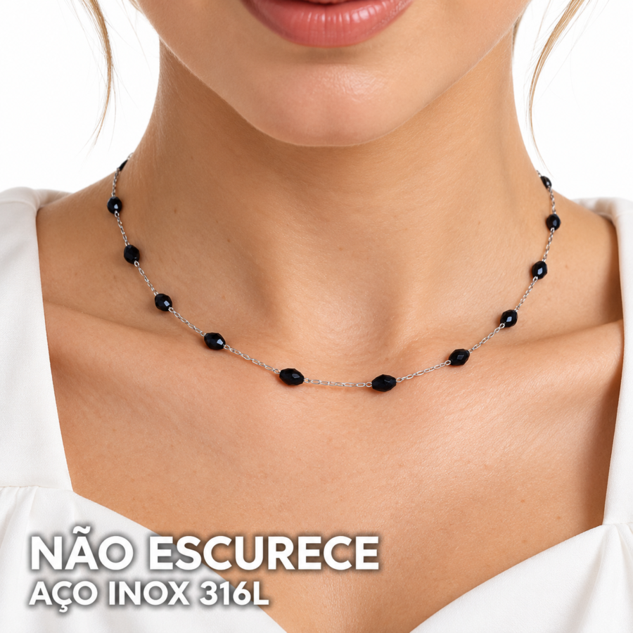 Eternos Acessórios - Gargantilha Feminina Aço Inox 316L NÃO ESCURECE Cristais Pretos Regulável 33 a 45cm PODE MOLHAR ANTIALÉRGICA Eternos Acessórios - Gargantilha Feminina Aço Inox 316L NÃO ESCURECE Cristais Pretos Regulável 33 a 45cm PODE MOLHAR ANTIALÉRGICA